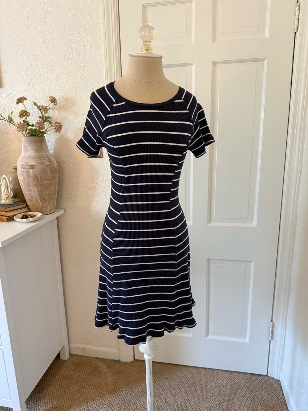 Charlotte Russe Navy and White Striped Knit Fit-and-Flare Dress